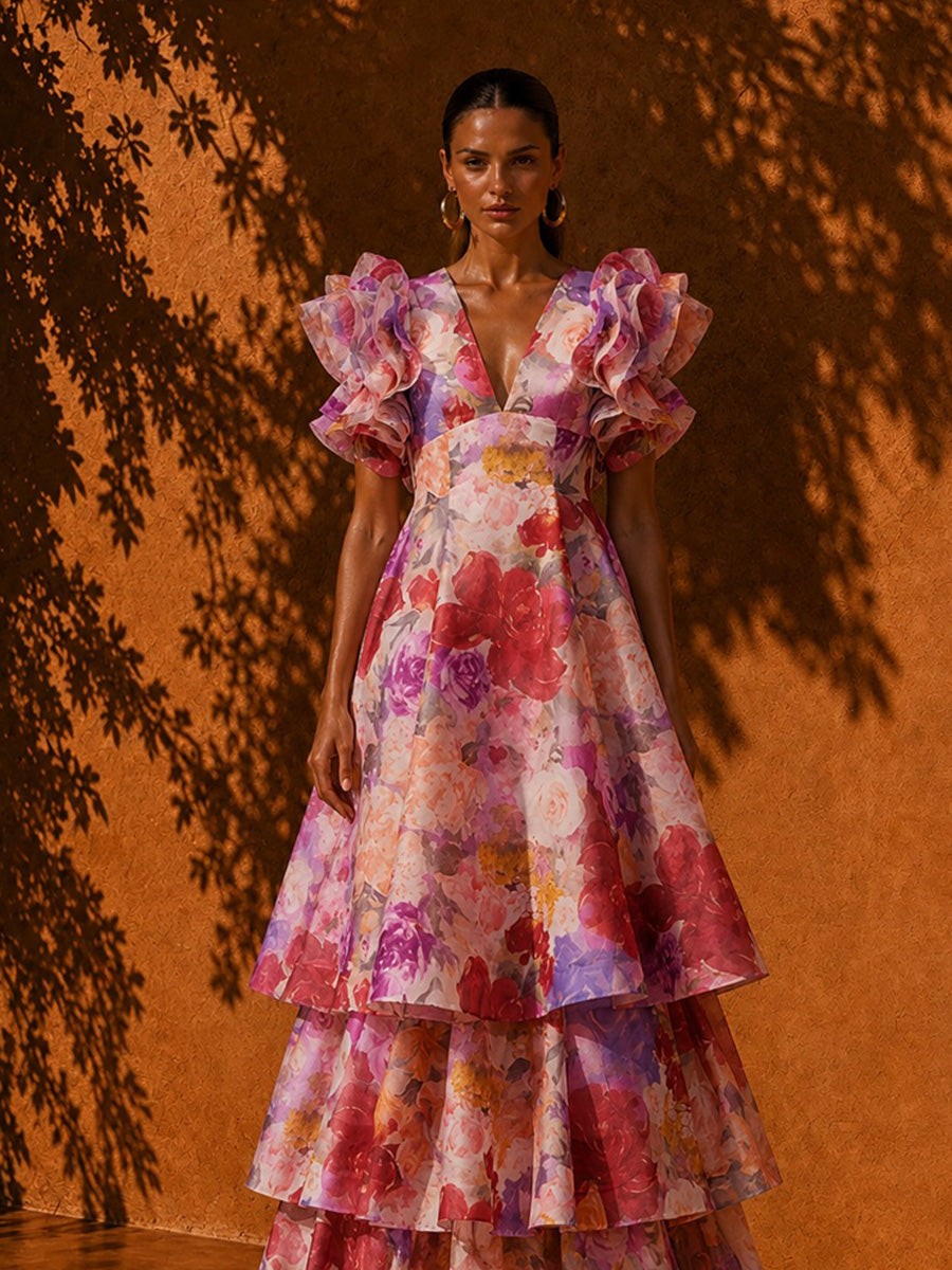 Sophia Printed Ruffled-Sleeve Tiered Maxi Dress