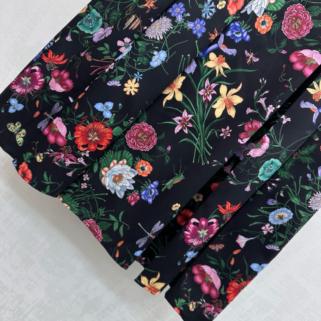 GG SS26 Flora Printed Pleated Midi Skirt Black Multicolor Silk 351778