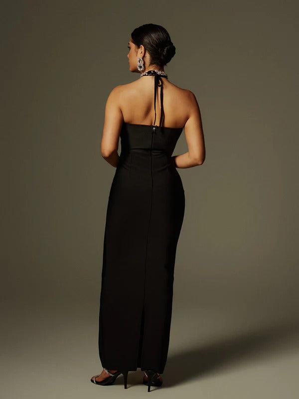 Cornie Halterneck Rhinestone Bandage Maxi Dress