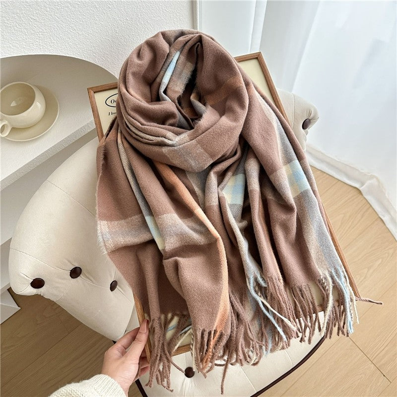 Color Block Plaid Fringe Scarf