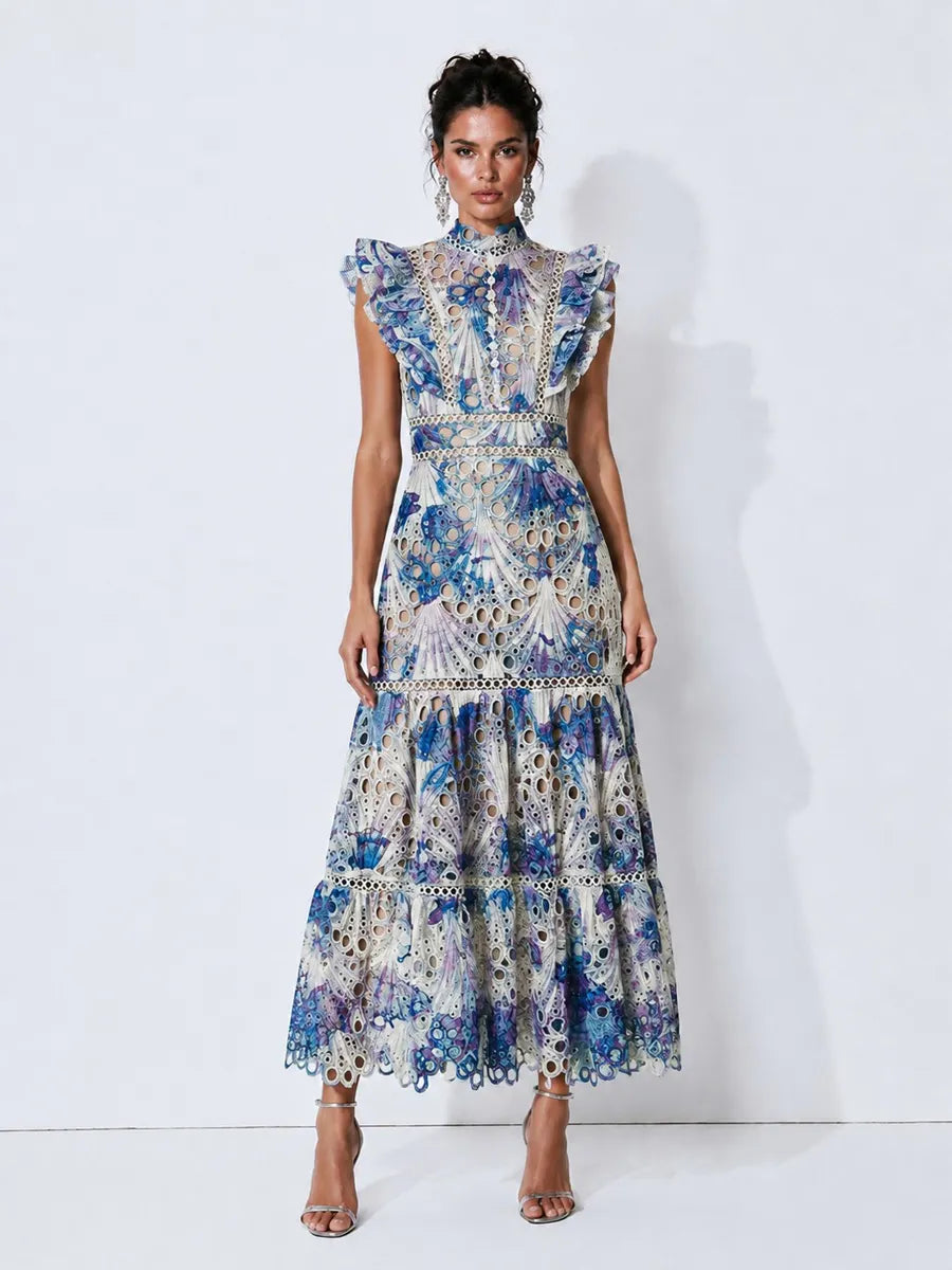 Brynn Lace-Panelled Printed Cut-Out Maxi Dress