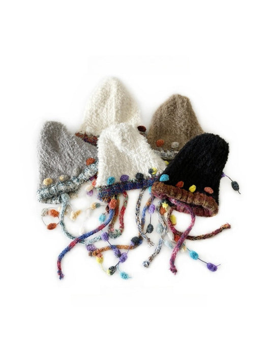 Haila - Winter Knitted Beanie with Pompom &amp; Tassel Braids