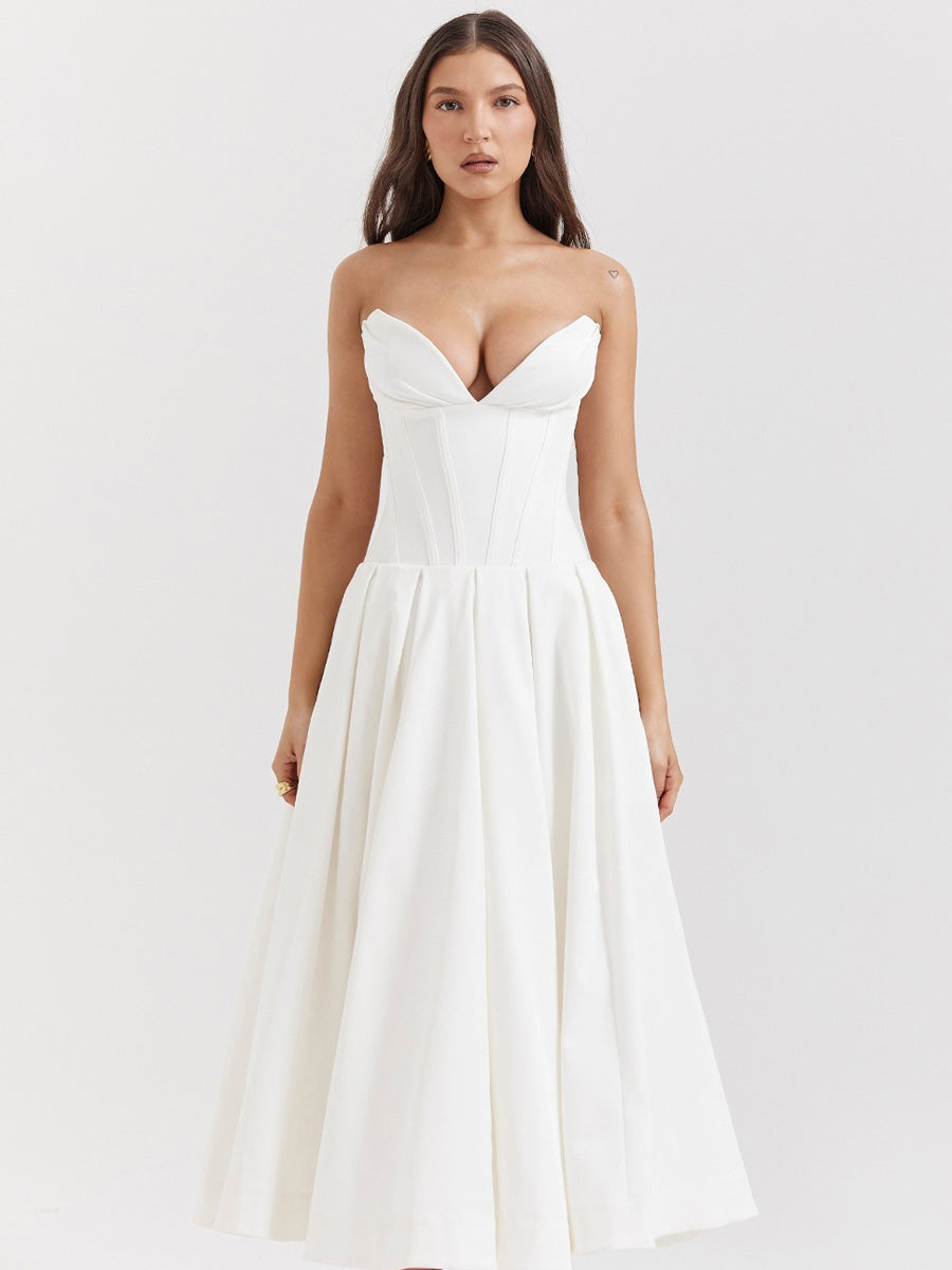 Aria Off-Shoulder Corset Midi Dress In White