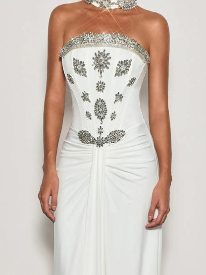 Hannah Strapless Crystal Scarf Maxi Dress