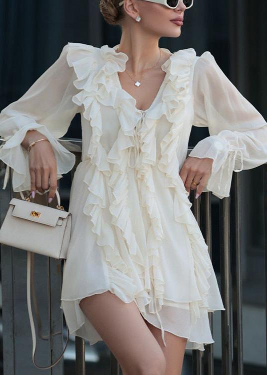 Ruffled V Neck Long Sleeve A Line Dress Beige