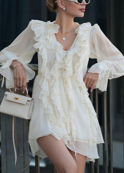 Ruffled V Neck Long Sleeve A Line Dress Beige