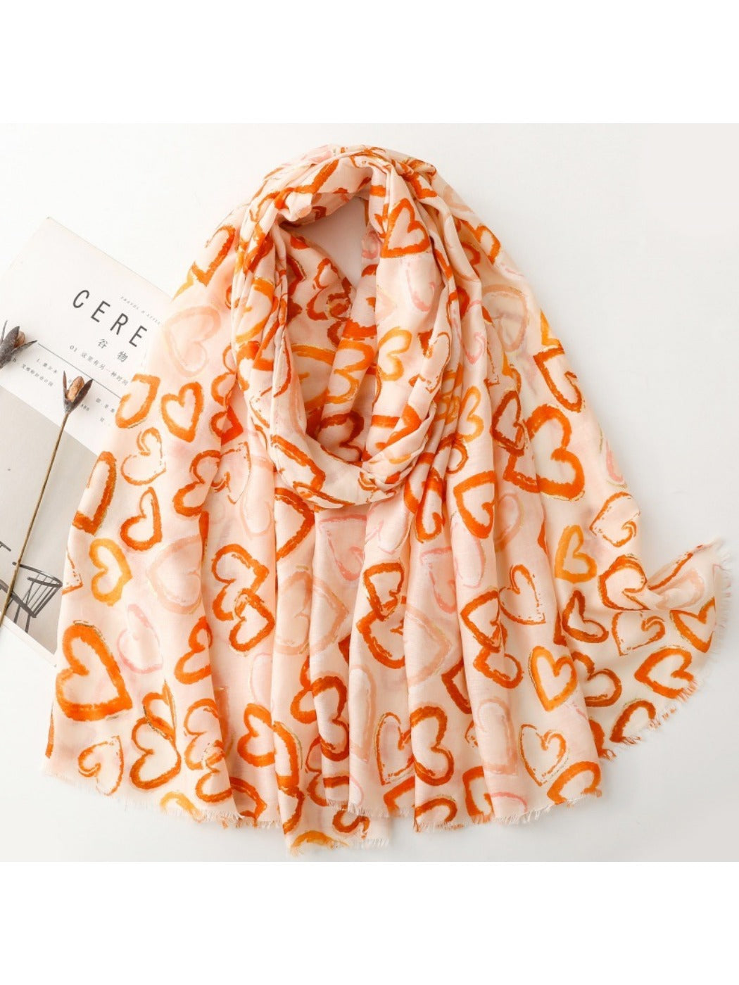 Scarvii - Elegant Heart Print Long Scarf - Thin &amp; Playful