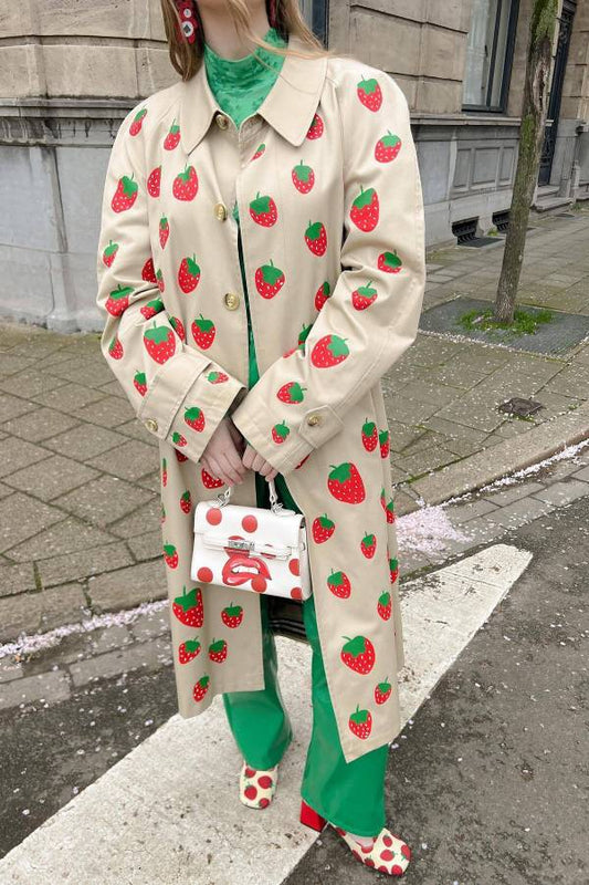 Fashion Fruit Print Long Coat Cherry Trench Coat