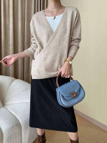 Long Sleeves Loose Asymmetric Buttoned V-Neck Cardigan Tops