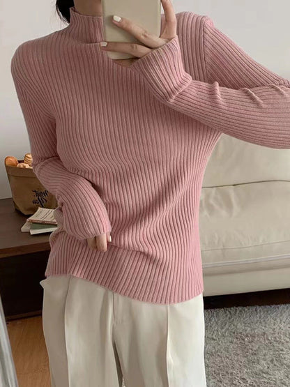 Long Sleeves Skinny Solid Color Mock Neck Knitwear Pullovers Sweater Tops