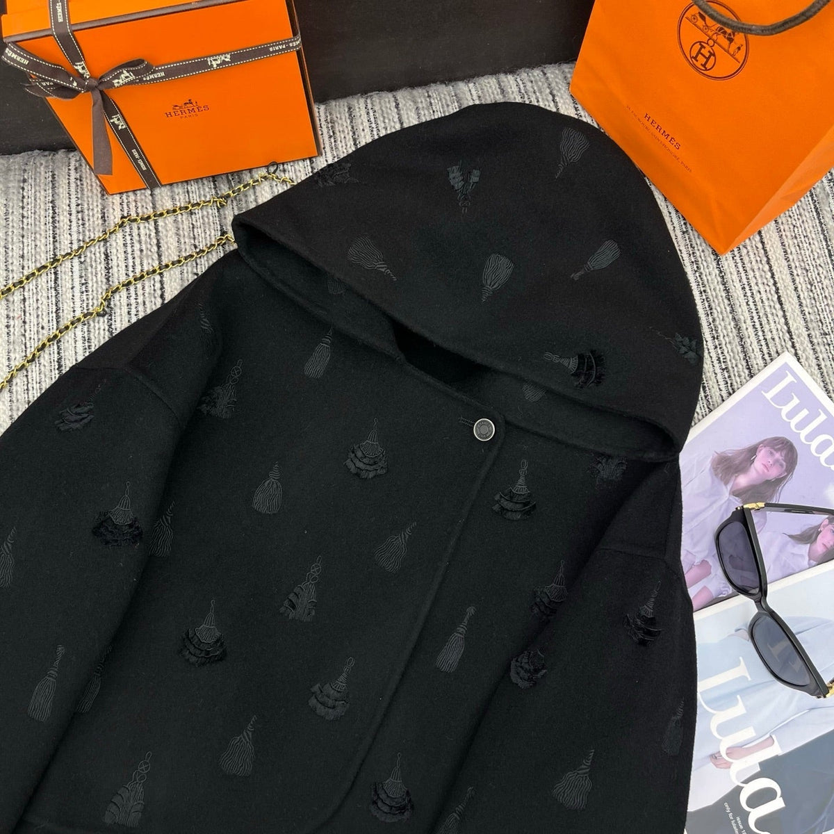 HM 25FW Hooded Double-faced Black Cashmere Short Coat