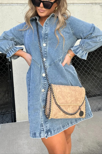 New Washed Denim Puff Sleeve Dress