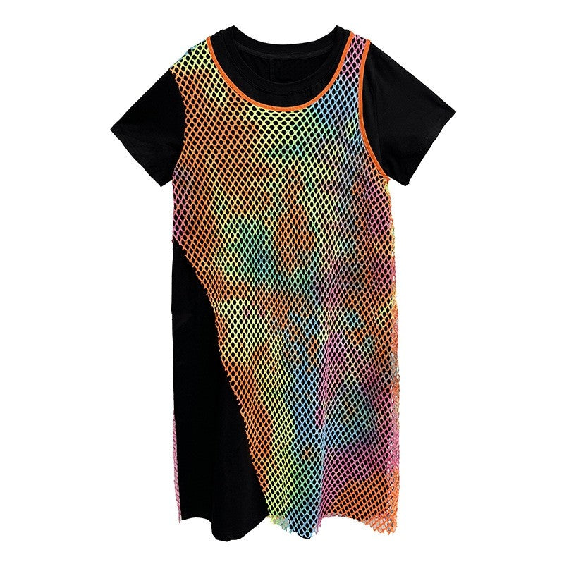 Rainbow Color Block Two Piece Loose A Line Dress