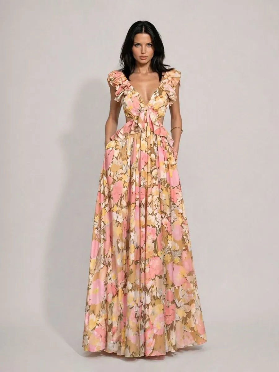 Marina Printed V-Neck Ruffled Cutout Sleeveless Maxi Dress