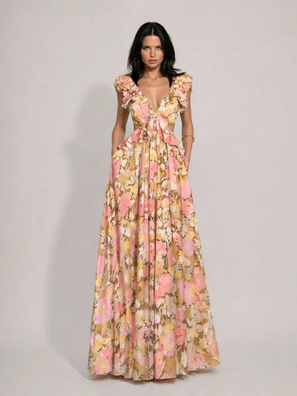 Marina Printed V-Neck Ruffled Cutout Sleeveless Maxi Dress