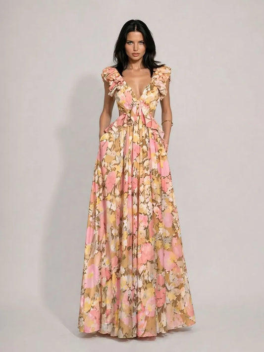 Marina Printed V-Neck Ruffled Cutout Sleeveless Maxi Dress