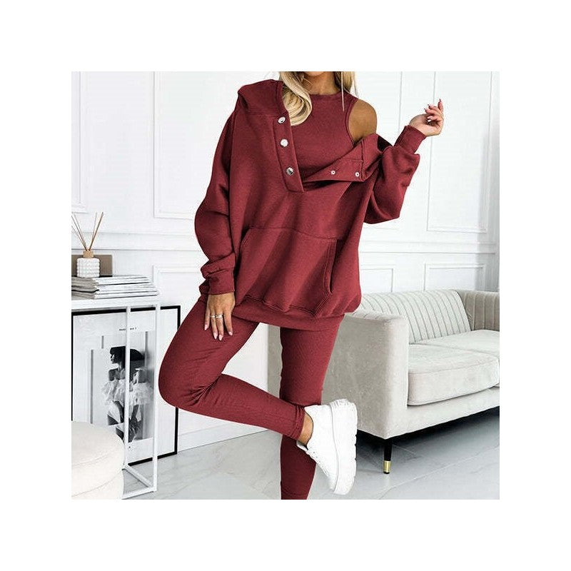 3-Piece Set- Leisure Hoodie, Thick Ribbed Vest, And Pants