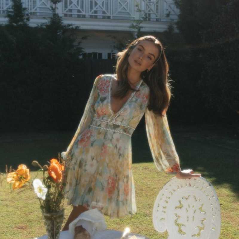 Fashion Printed V-Neck Bubble Sleeve Lace Patchwork Large Swing Dress