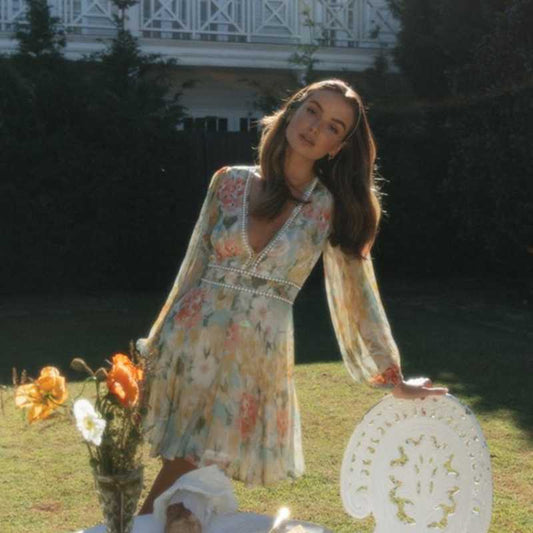 Fashion Printed V-Neck Bubble Sleeve Lace Patchwork Large Swing Dress