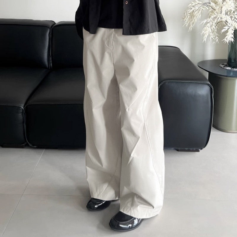 Pleated Curved Hem Wide-Leg Pants Unisex Loose Fit Style