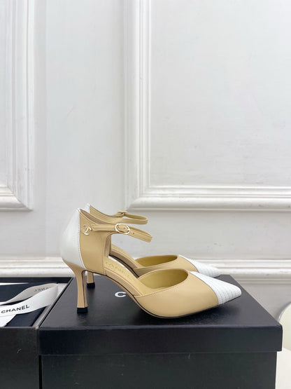CC 26 SS Double C Slingback 7.5cm Beige White Calfskin 586936