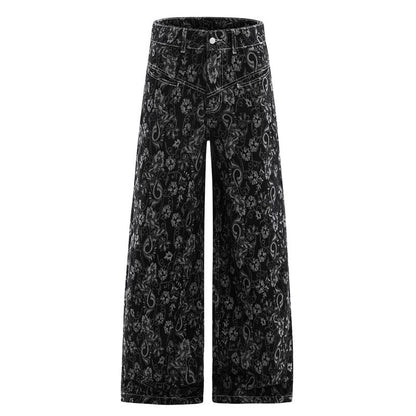 Vintage Pattern Print Loose Wide Leg Jeans