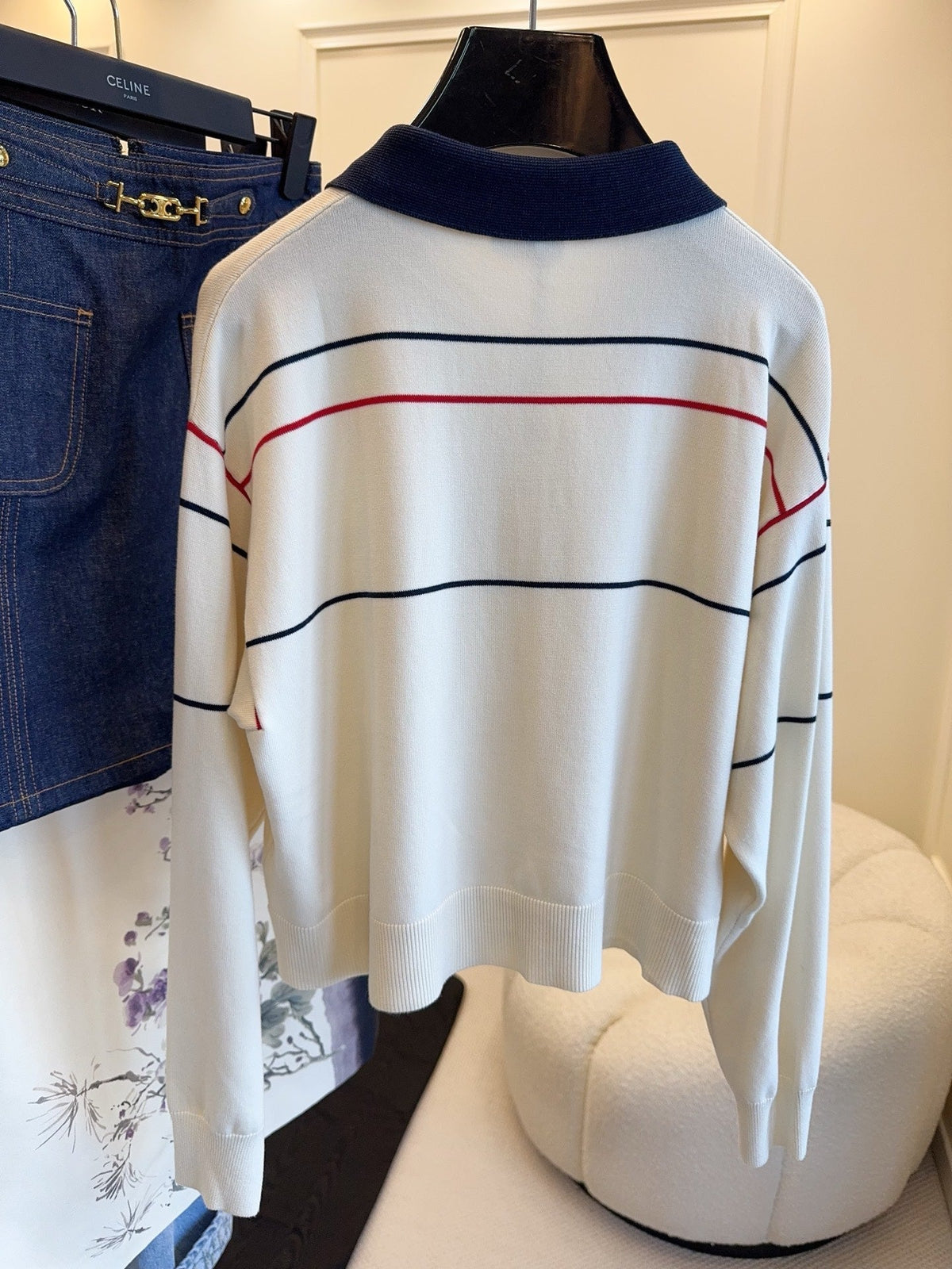Celine 25 Polo Long Sleeves Shirt White Silk Cotton