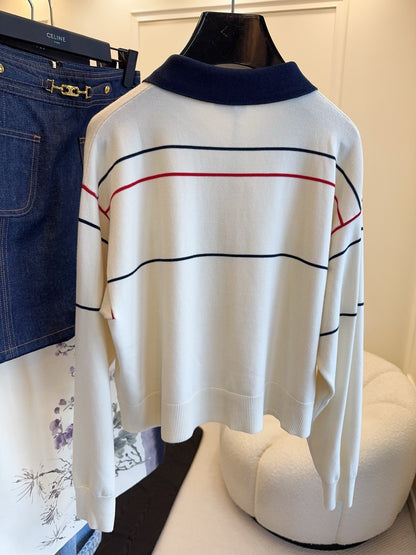 Celine 25 Polo Long Sleeves Shirt White Silk Cotton