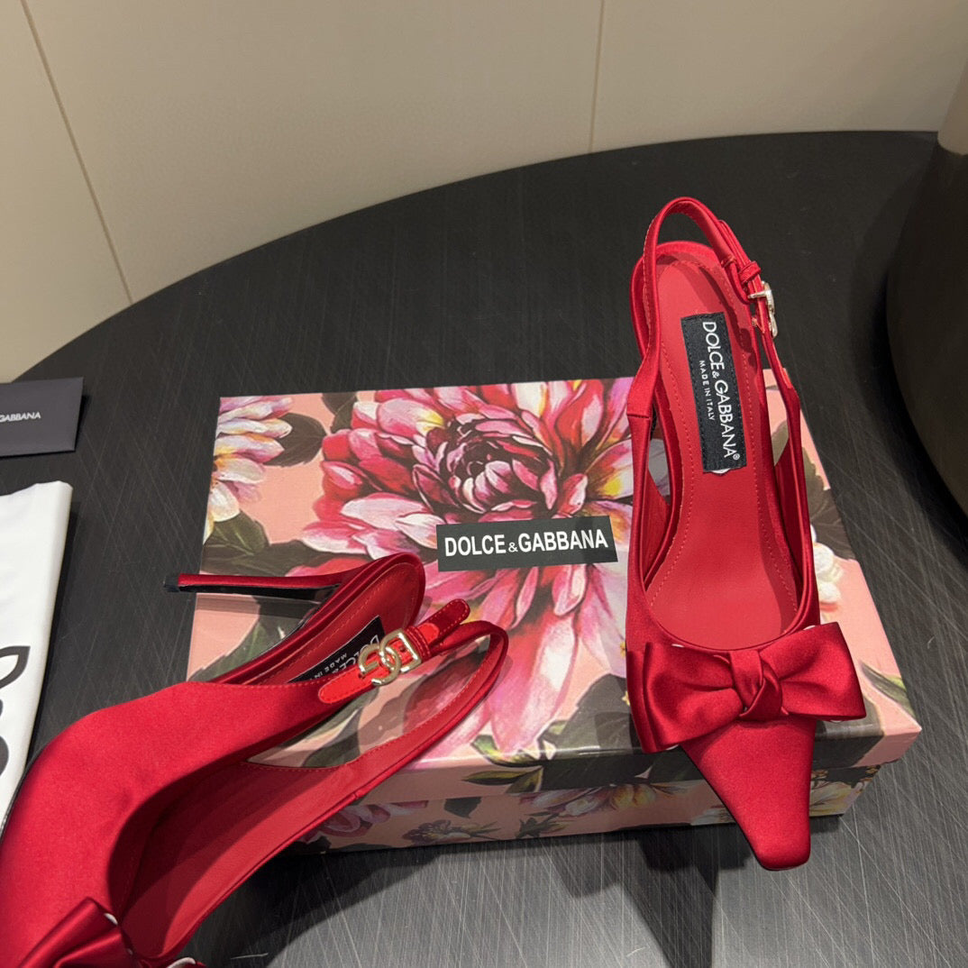 DG Bow Slingbacks 10cm High Heel Red Silk
