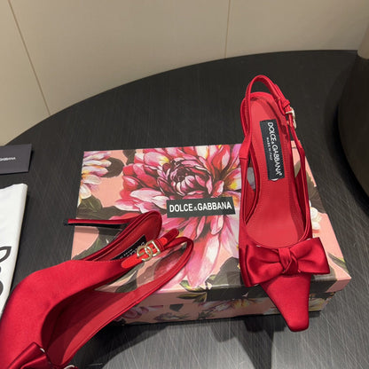 DG Bow Slingbacks 10cm High Heel Red Silk