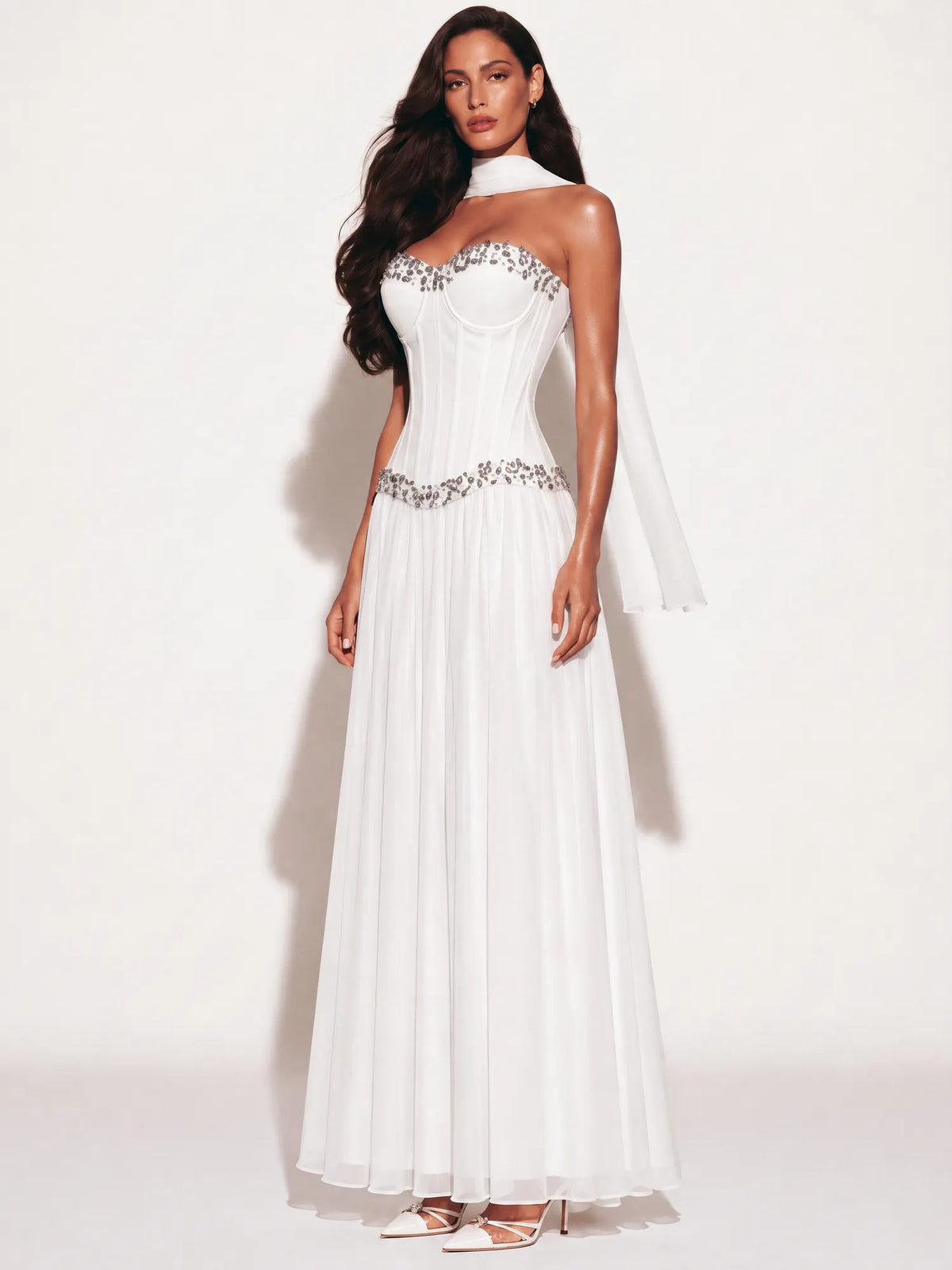 Adela Rhinestone-Embellished Pleated Strapless Top and Maxi Skirt Set
