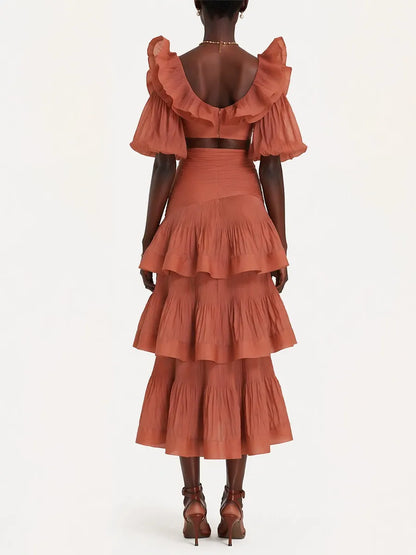 Willow Tiered Short-Sleeve Top & Long Skirt Two-Piece Set