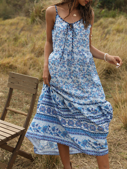 Bohemian Wind Printing Loose V-Neck Stitching Large Suspender Dress Women'S Clothing