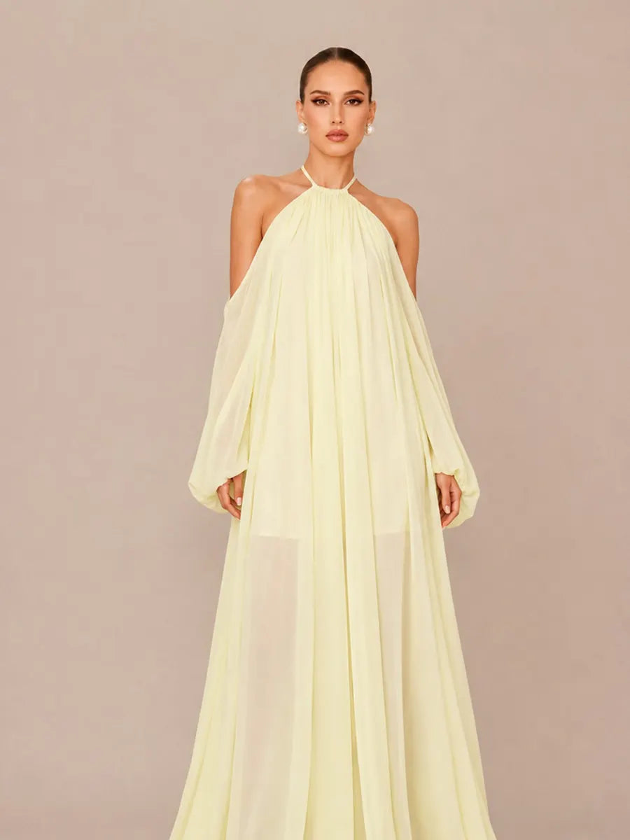 Magdalena Loose Long-Sleeve Halter Maxi Dress