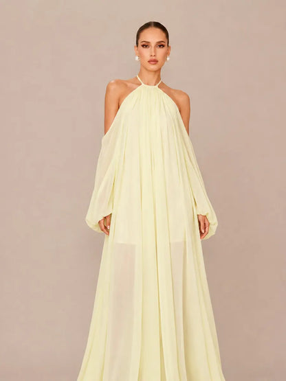 Magdalena Loose Long-Sleeve Halter Maxi Dress