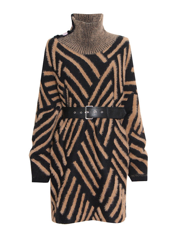 Urban Loose With Belted High-Neck Knitting Sweater