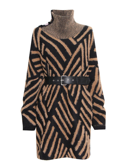 Urban Loose With Belted High-Neck Knitting Sweater