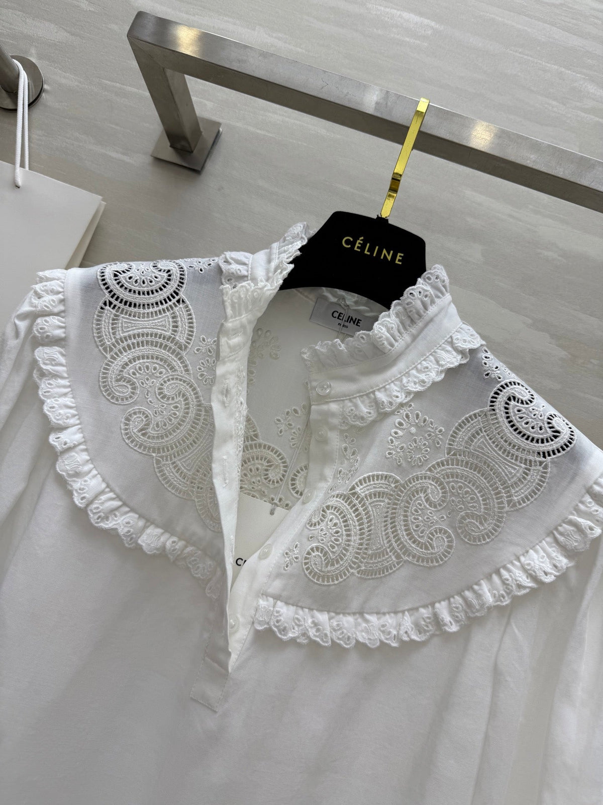 Celine 25 Long sleeve embroidered shirt dress White Cotton