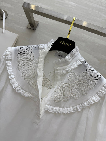 Celine 25 Long sleeve embroidered shirt dress White Cotton