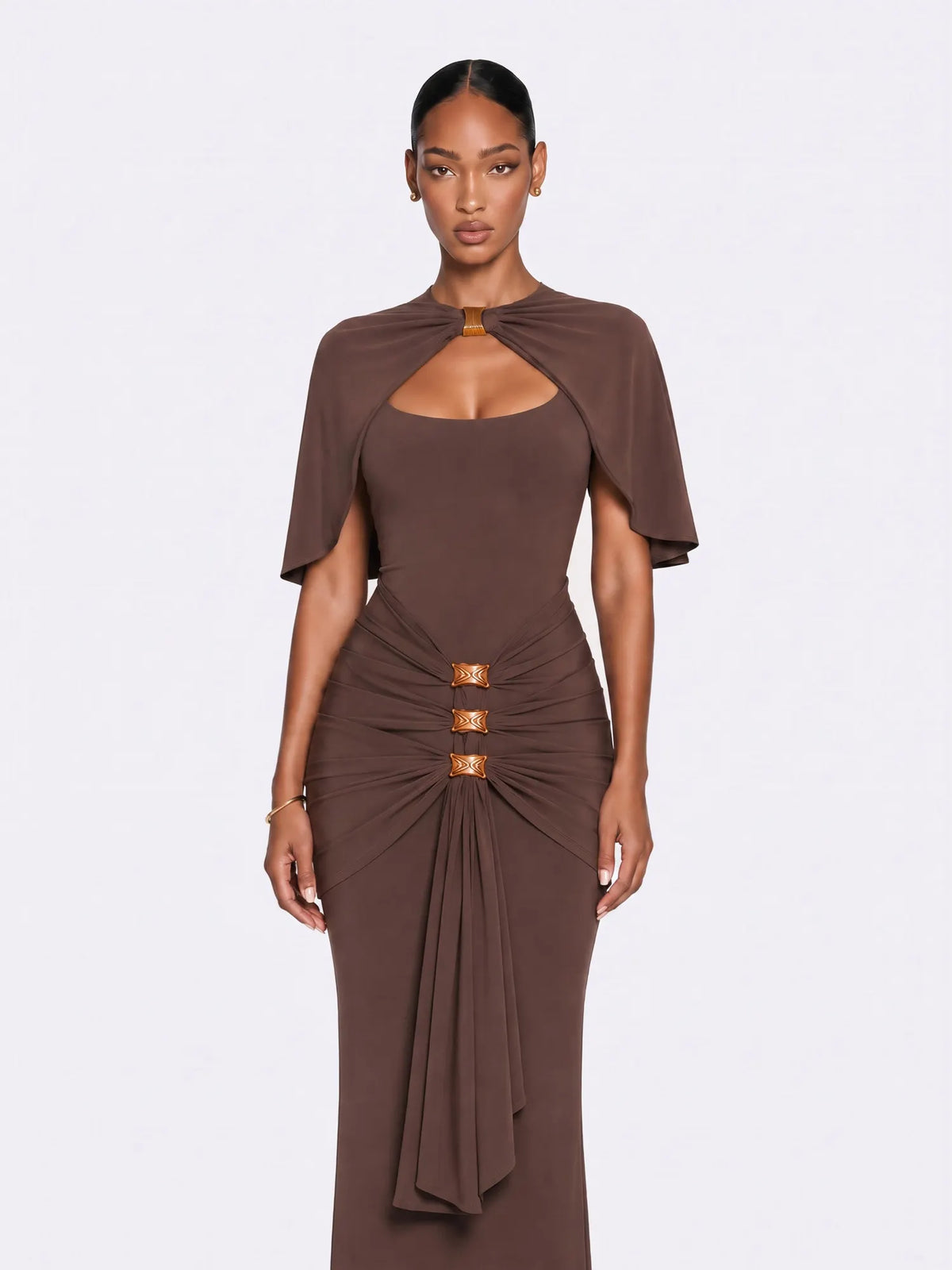 Audrey Draped Cape Ruched Maxi Dress