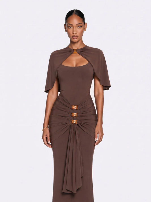 Audrey Draped Cape Ruched Maxi Dress