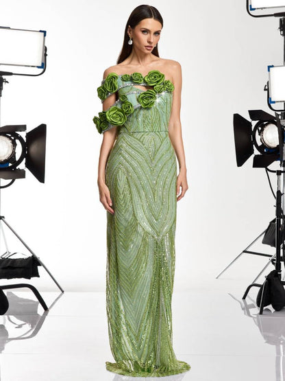 Audrey Flower Sequin Rhinestone Maxi Dress