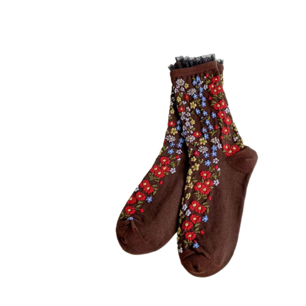 Rufia - Floral Lace Mid-calf Socks - Delicate &amp; Vintage