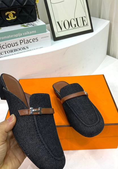 IENA MULE BLACK CANVAS AND BROWN CALFSKIN