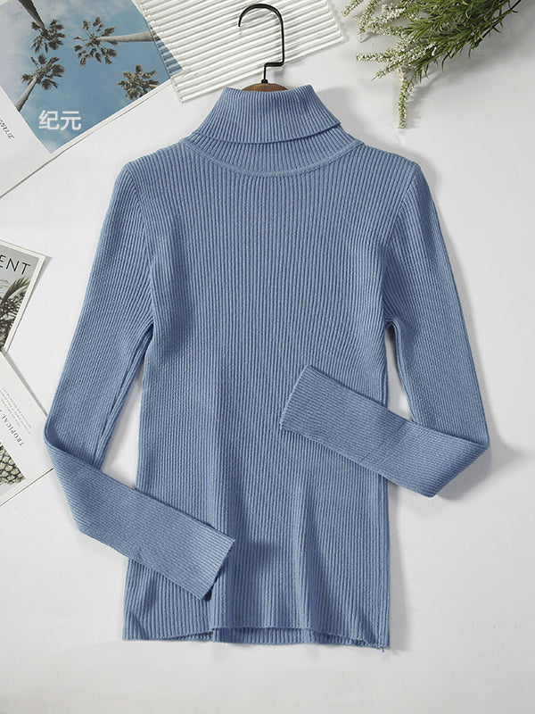 Casual Long Sleeves Skinny Solid Color High-Neck Sweater Tops