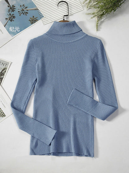 Casual Long Sleeves Skinny Solid Color High-Neck Sweater Tops