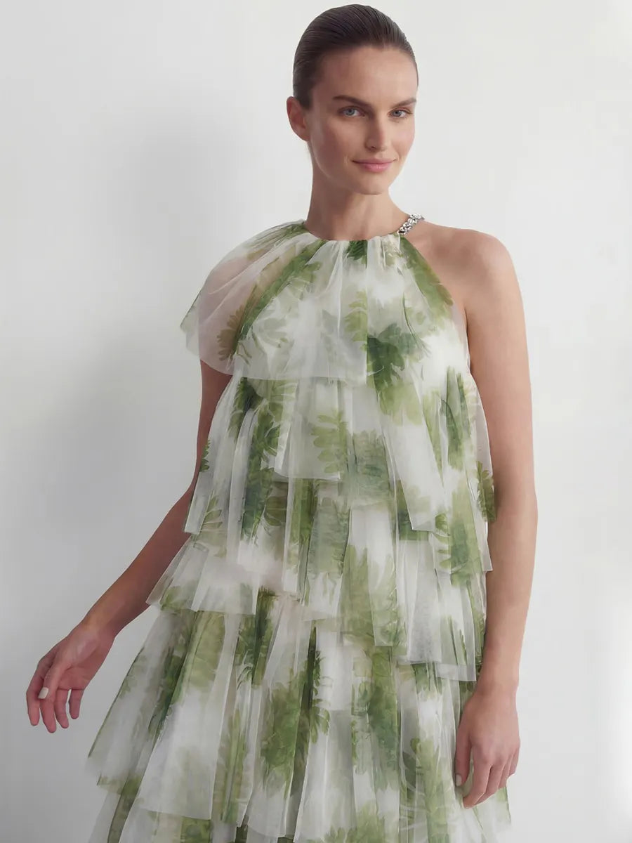 Emilia Green Leaf Print Tiered Tulle Maxi Dress