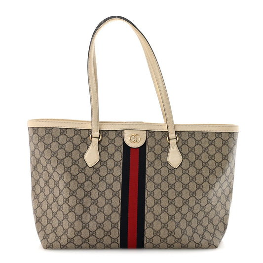 GG Supreme Monogram Textured Calfskin Web Medium Ophidia Shopping Tote Beige Ebony Mystic White