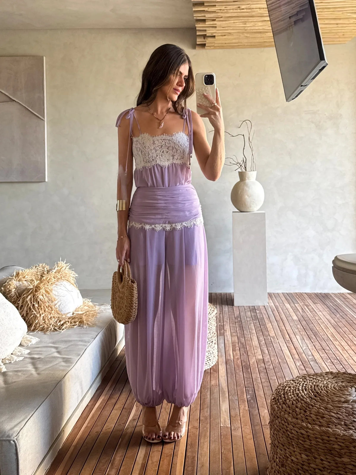 Anaya Lace-Trimmed Mesh Spaghetti Strap Top and Trousers Set