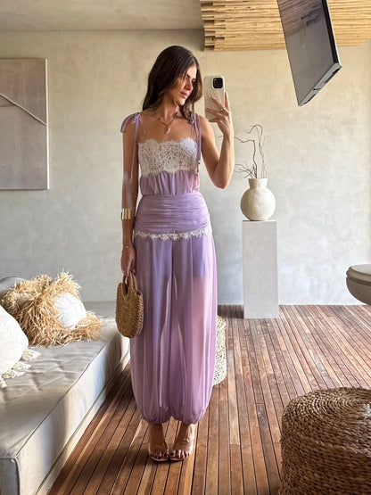 Anaya Lace-Trimmed Mesh Spaghetti Strap Top and Trousers Set